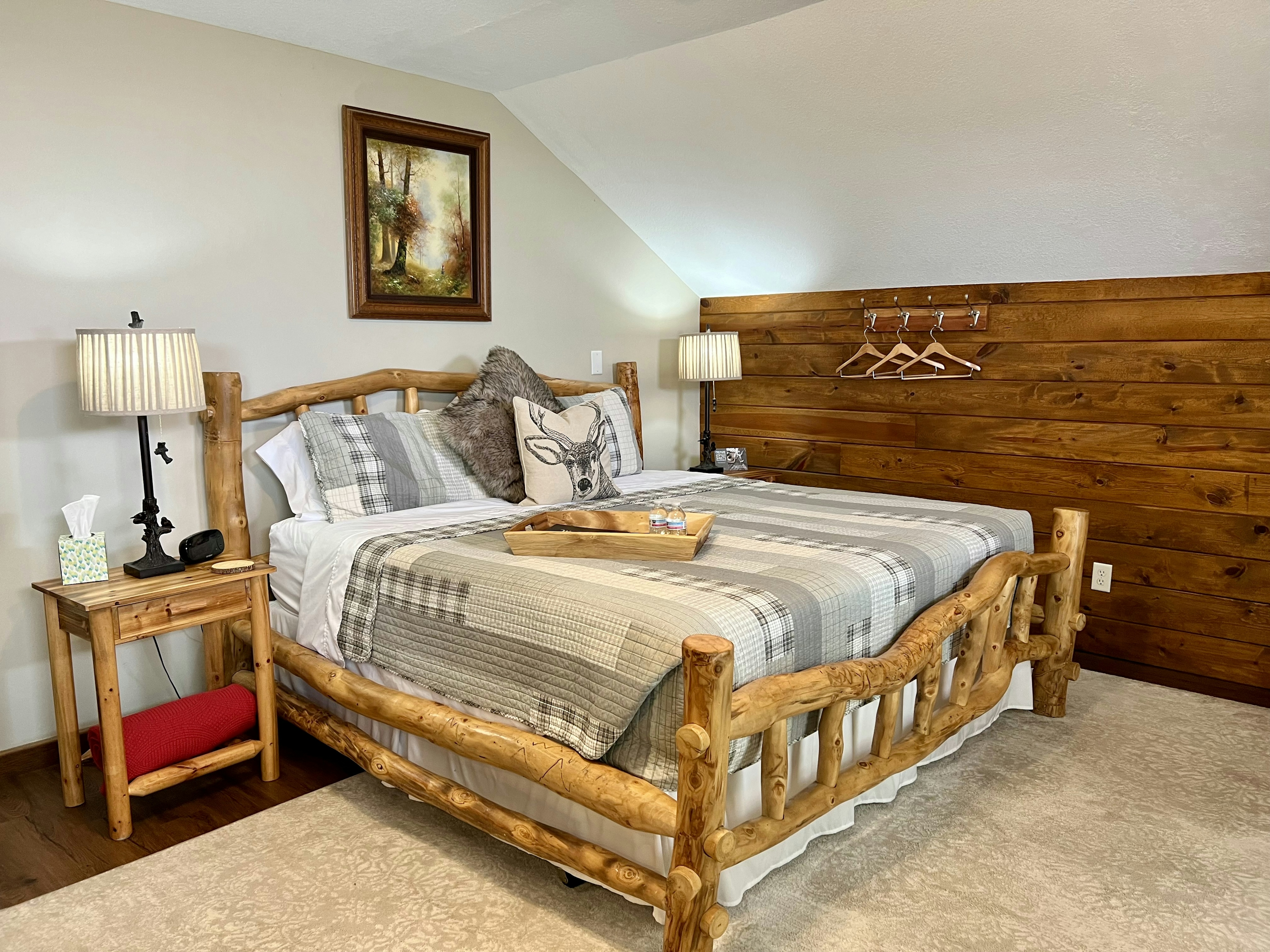 log style bed with white and grey country quilt, two side tables with lamps, a brown dresser and wall mounted tv