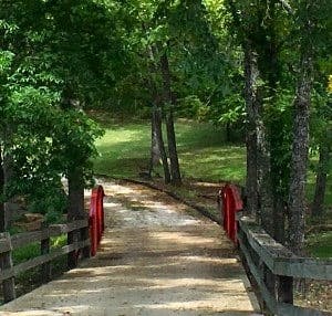 Small one-way red bridge in wooded area